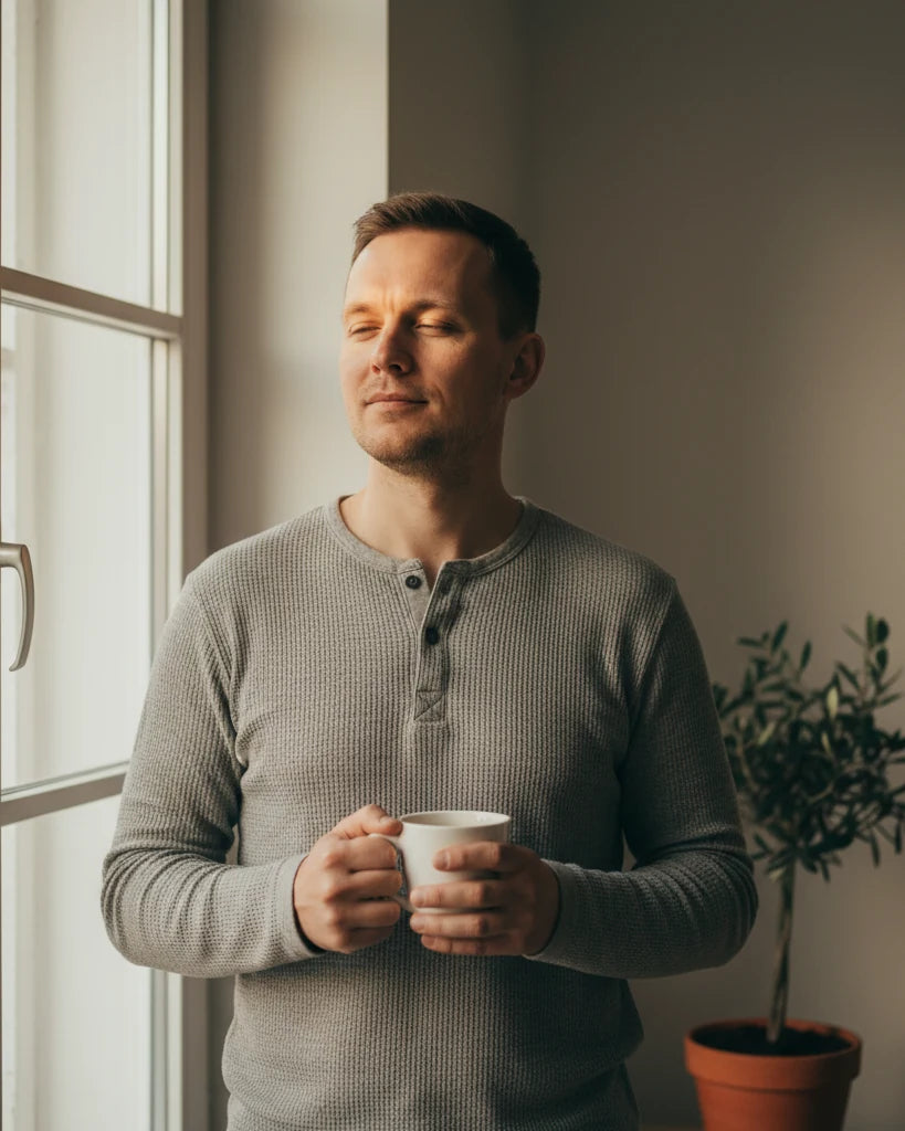 Vīrietis ar kafijas krūzi pie loga rīta gaismā