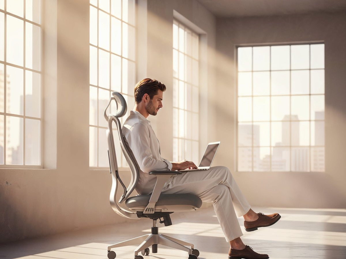 Vīrietis strādā ar klēpjdatoru, sēžot Ergonix OmniSit Pro krēslā gaišā istabā