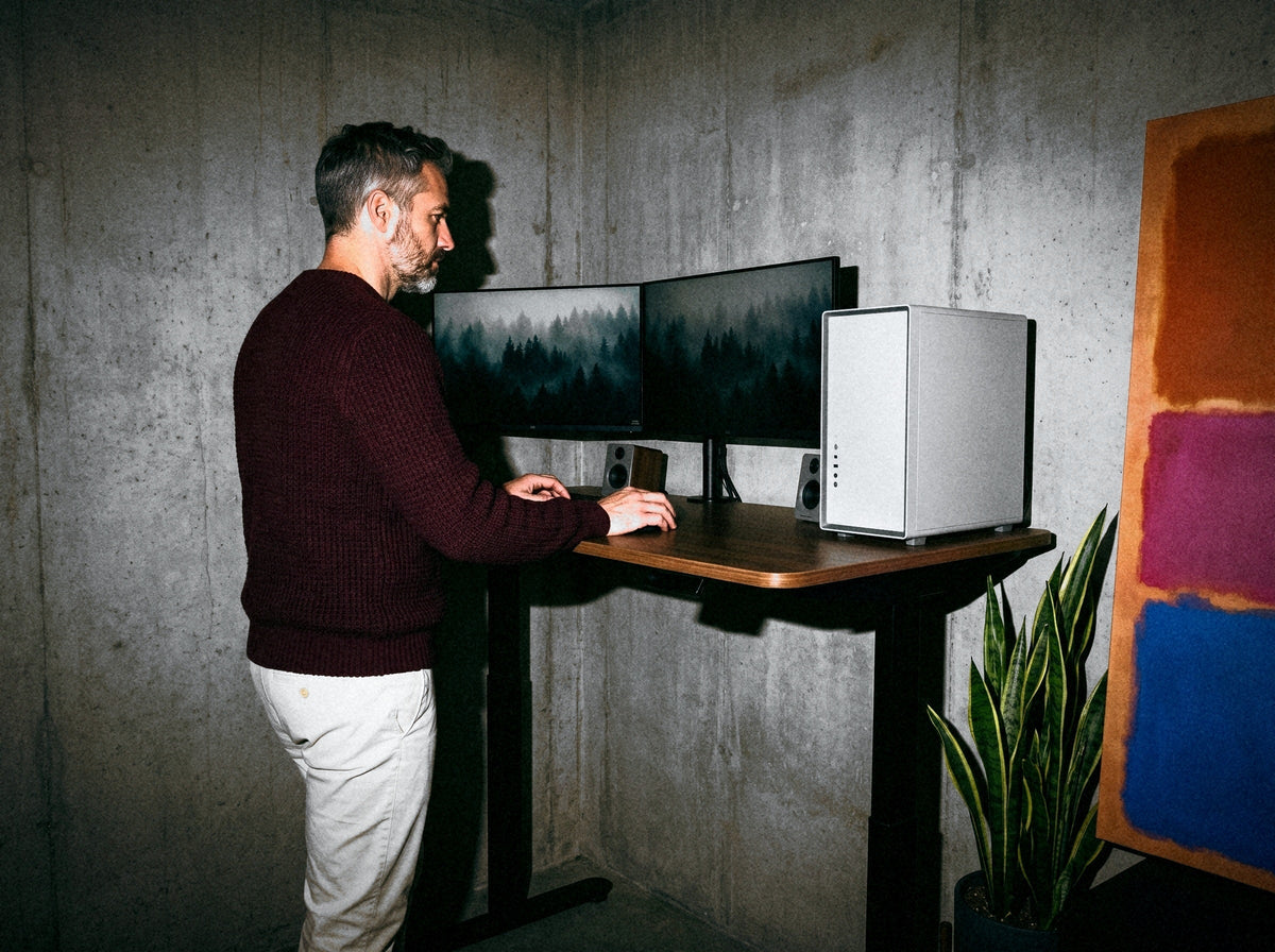 Vīrietis strādā stāvus pie pacelta Ergonix regulējama augstuma galda ar diviem monitoriem un datoru