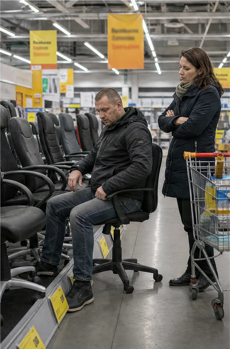 Vyras parduotuvėje testuoja kėdę - 5 minutės nepasako tiesos