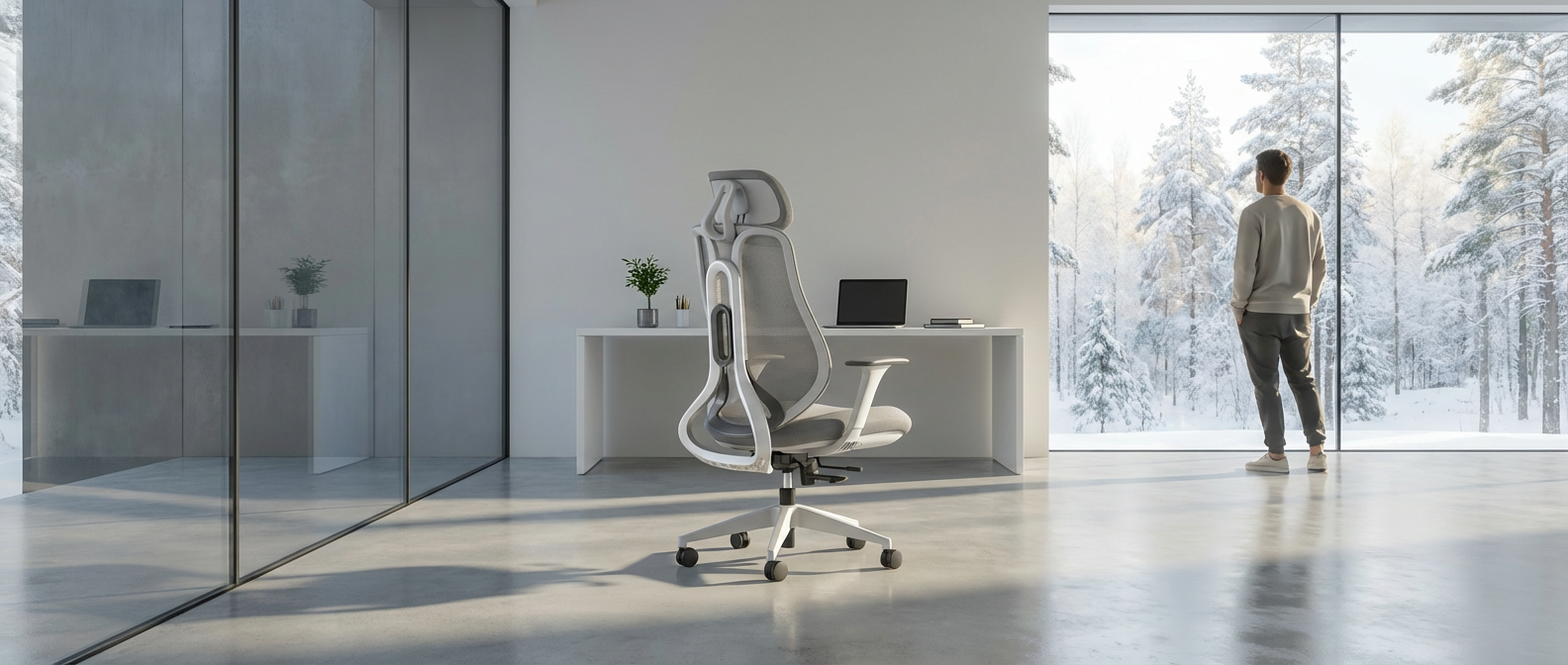 OmniSit Pro ergonomisks krēsls minimālistiskā birojā