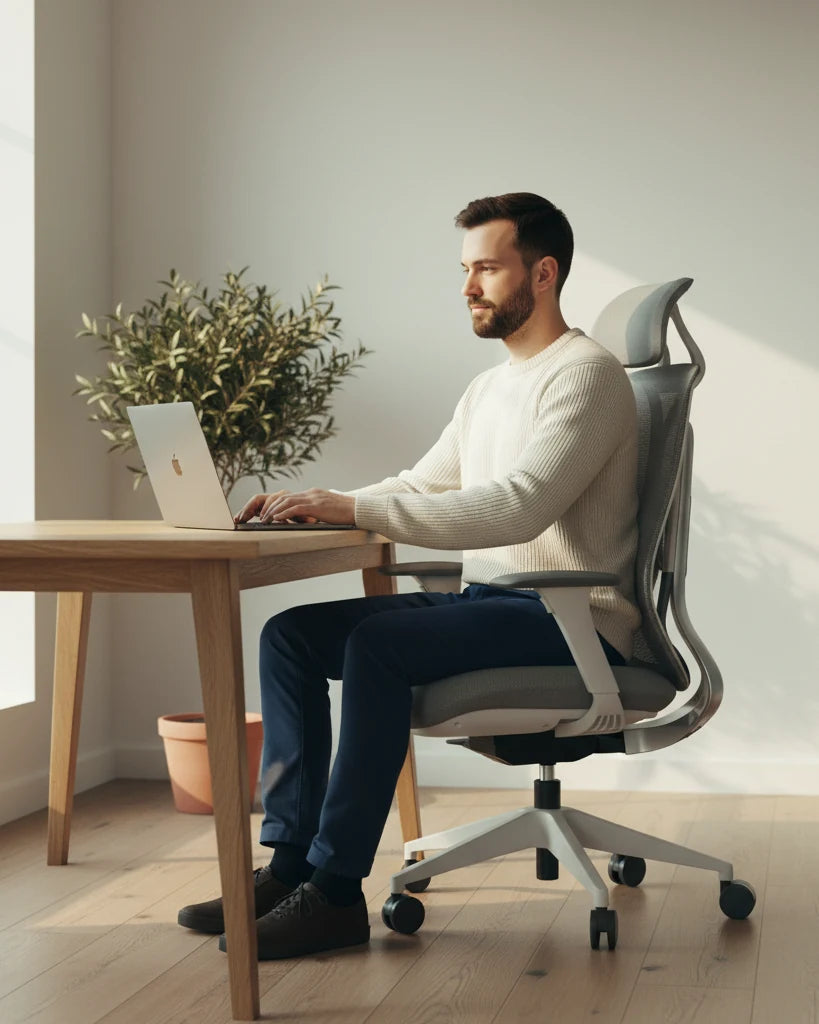 Vīrietis strādā pie galda, sēžot Ergonix OmniSit Pro ergonomiskajā krēslā