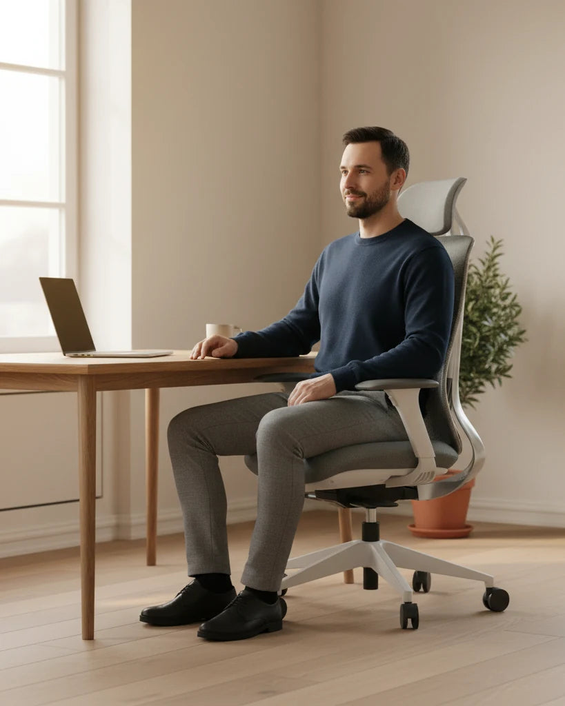 Vīrietis mierīgi strādā, sēžot Ergonix OmniSit Pro ergonomiskajā krēslā